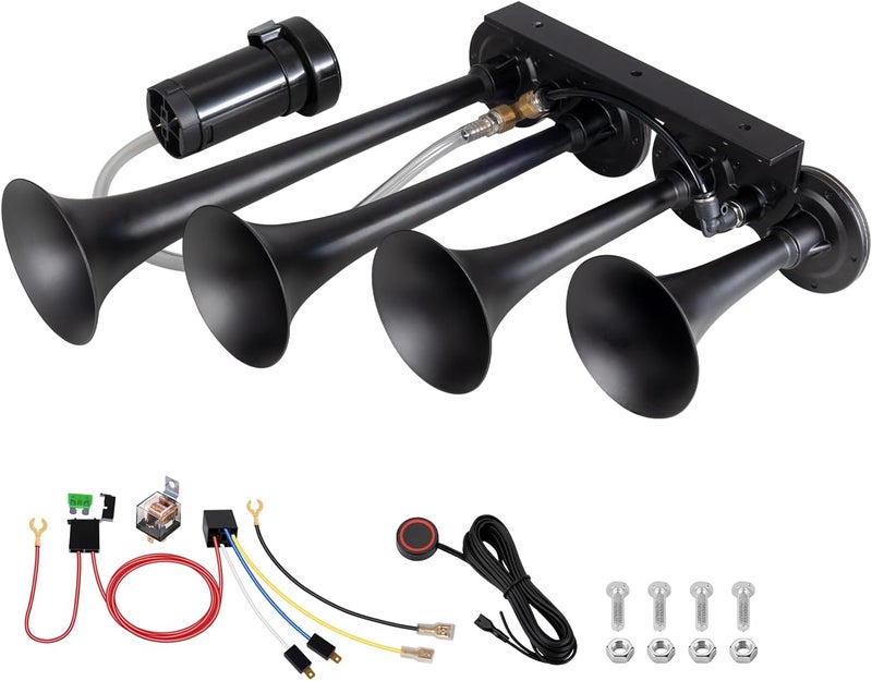 banhao Air Horn 4-Tube Train Horn Truck Air Horns 4 Trumpet Kit for Trucks 12V 180dB Super Loud with Compressor Suitable for Pickup Motorhome SUV Train Boat - Image 1